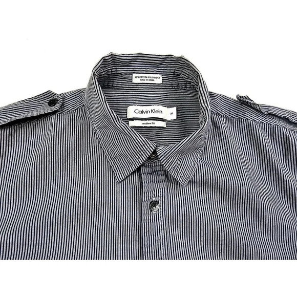 Calvin Klein Modern Fit Size Medium Men's Gray Navy Stripe Long Sleeve Shirt - Picture 12 of 12